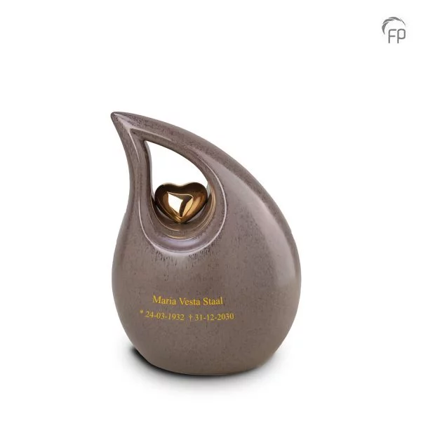 KU 006M – Kleine Keramische Urn Druppel Grijs Bruin Gouden Hart (2.2 liter)