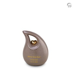 KU 006S – Mini Keramische Urn Druppel Grijs Bruin Gouden Hart (0.8 liter)
