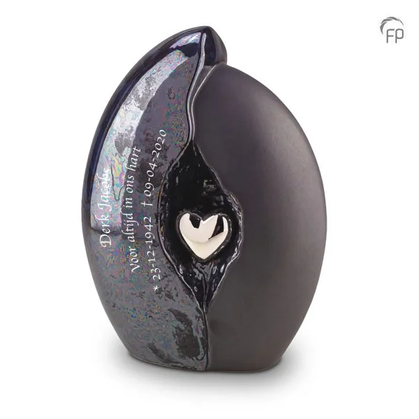 Grote Keramische Urn Oiled Blauw Zilver Hart (3.8 liter)