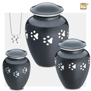 Artikelnr: P212S Mini Urn Hond Classic Zwart Met Zilver Pootafdruk