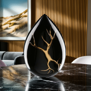 Impressie van Grote Zwarte Keramische Kintsugi Druppel Urn