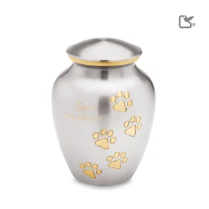 Artikelnr: P212L Groot Urn Hond Classic Zilver Met Zilver Pootafdruk (2.1 liter)