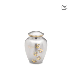 Artikelnr: P213S Mini Urn Hond Classic Zilver Met Zilver Pootafdruk (0.9 liter)