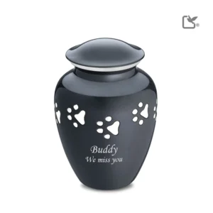 Artikelnr: P212L Groot Urn Hond Classic Zwart Met Zilver Pootafdruk (2.1 liter)