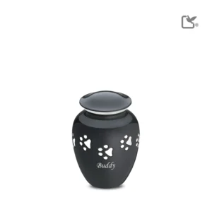 Artikelnr: P212S Mini Urn Hond Classic Zwart Met Zilver Pootafdruk